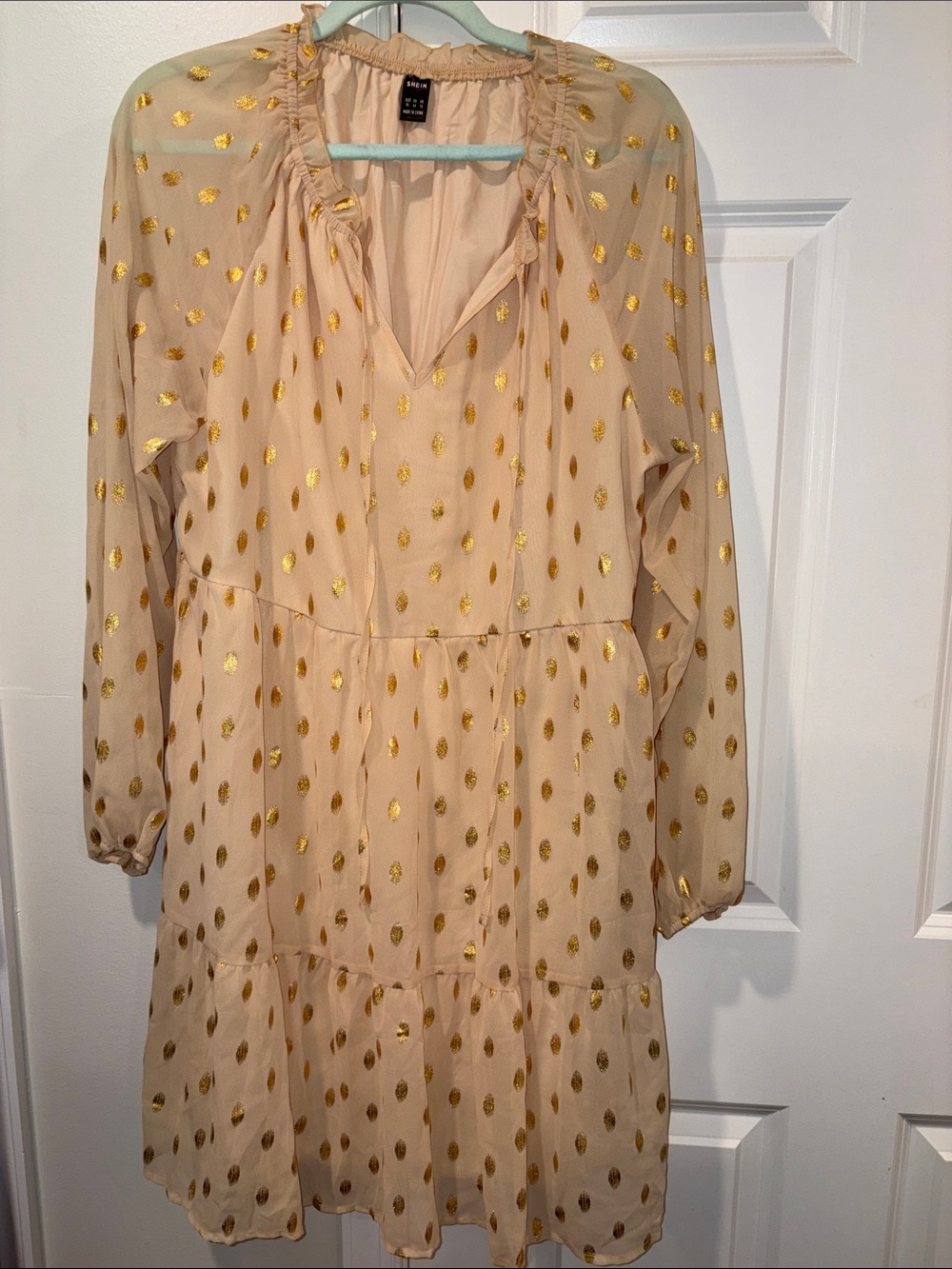 SHEIN Cream Long Sleeve Dress with Gold Metallic Dot Print
